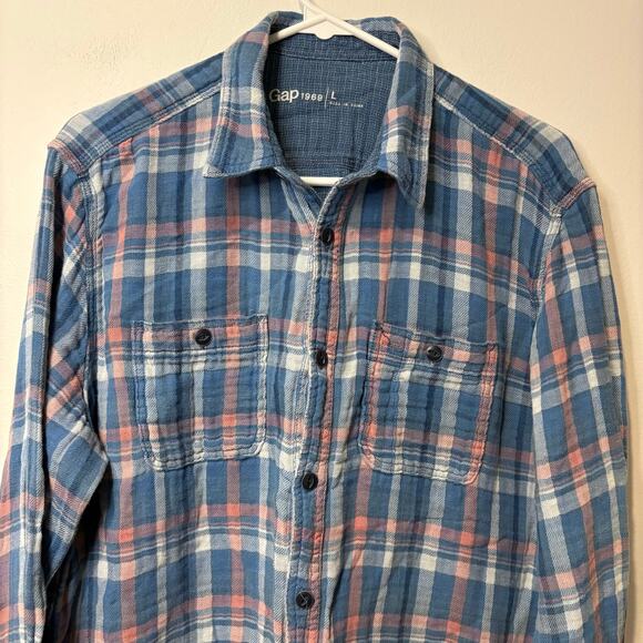 Gap Men's Retro Soft 100% Cotton Flannel Shirt Blue and Pink Size Large Relaxed - Picture 3 of 7